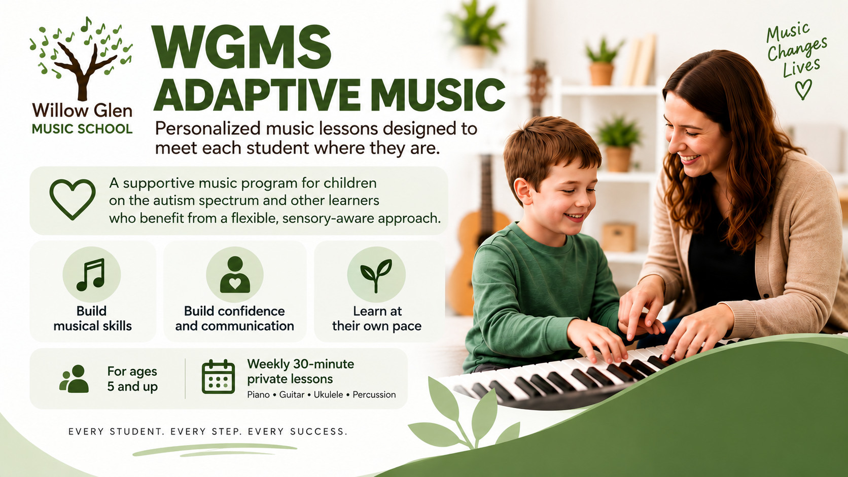 WGMS Adaptive Music: personalized weekly 30-minute private lessons for children on the autism spectrum and other learners, ages 5 and up